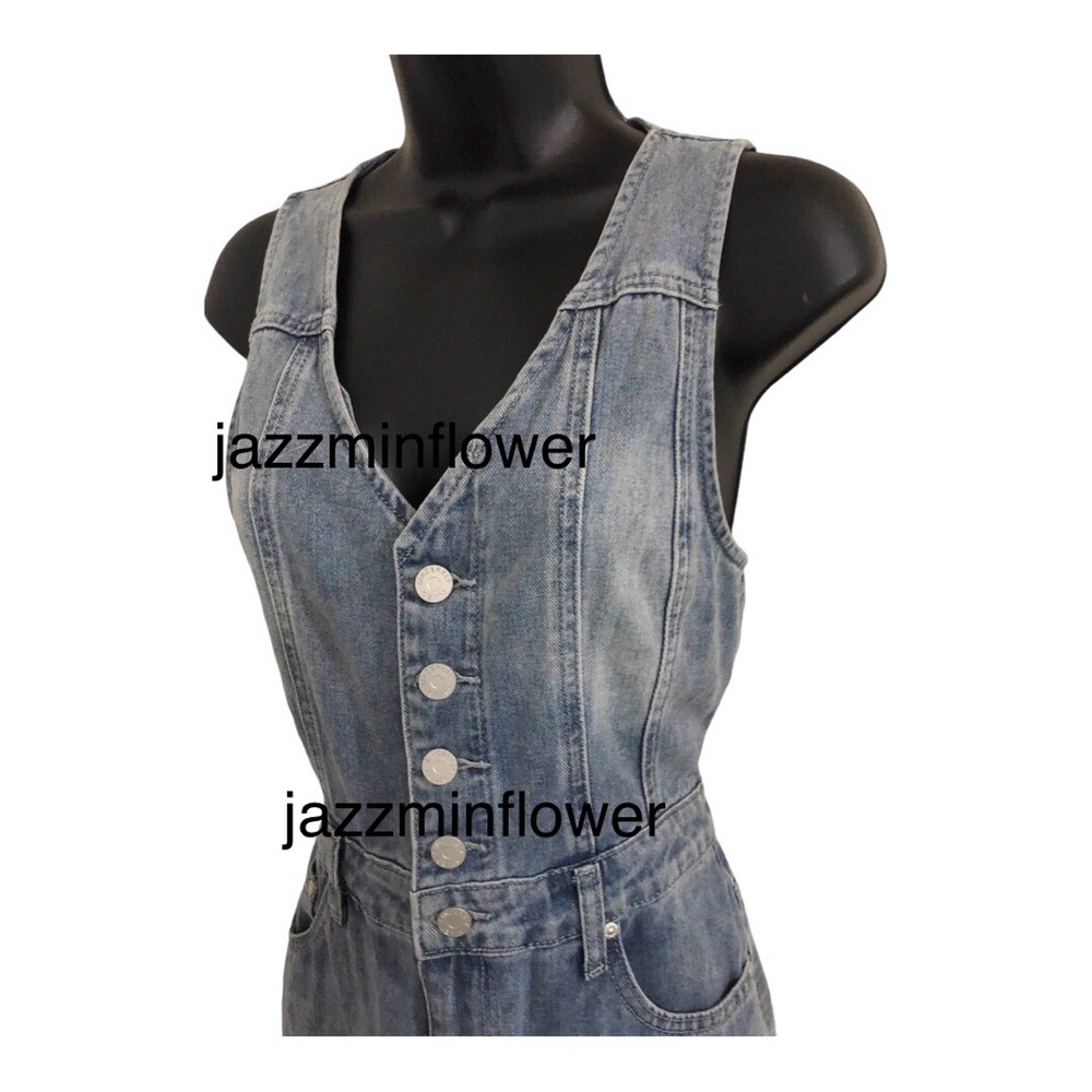 Sincerely Jules blue denim button front sleeveless jeans jumper jumpsuit size M - Picture 7 of 17